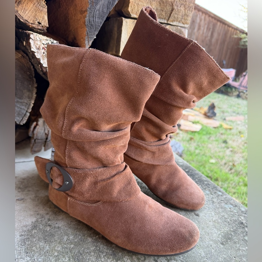 Dr. Scholl's Oakland Chestnut Brown Suede Slouch Ankle Boots with Buckle Sz-9. K